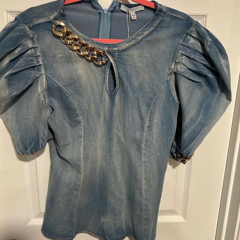 Denim Puff Sleeve Top with Gold Chain Detail